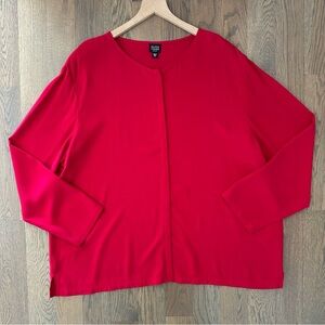 Eileen Fisher Woman Silk Crepe Round Neck Button Front Blouse in Red 2X